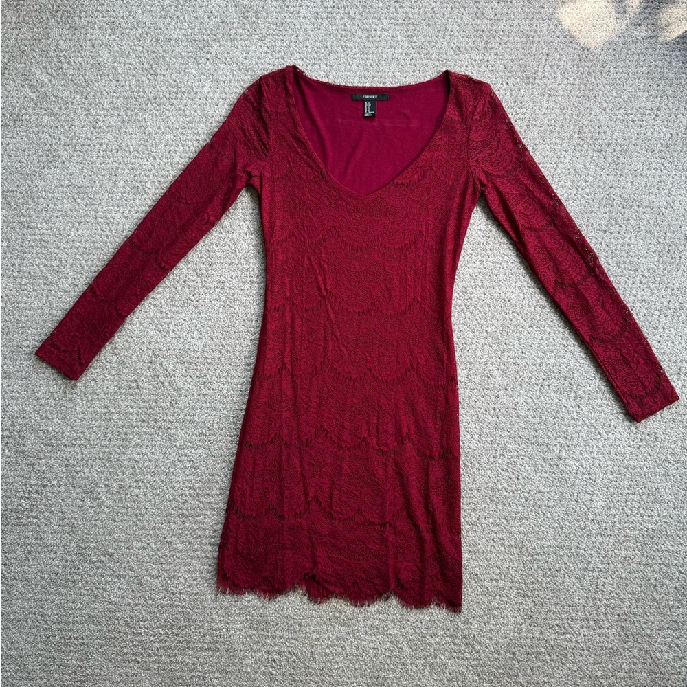 Forever 21 Deep Red Lace Long Sleeve Dress